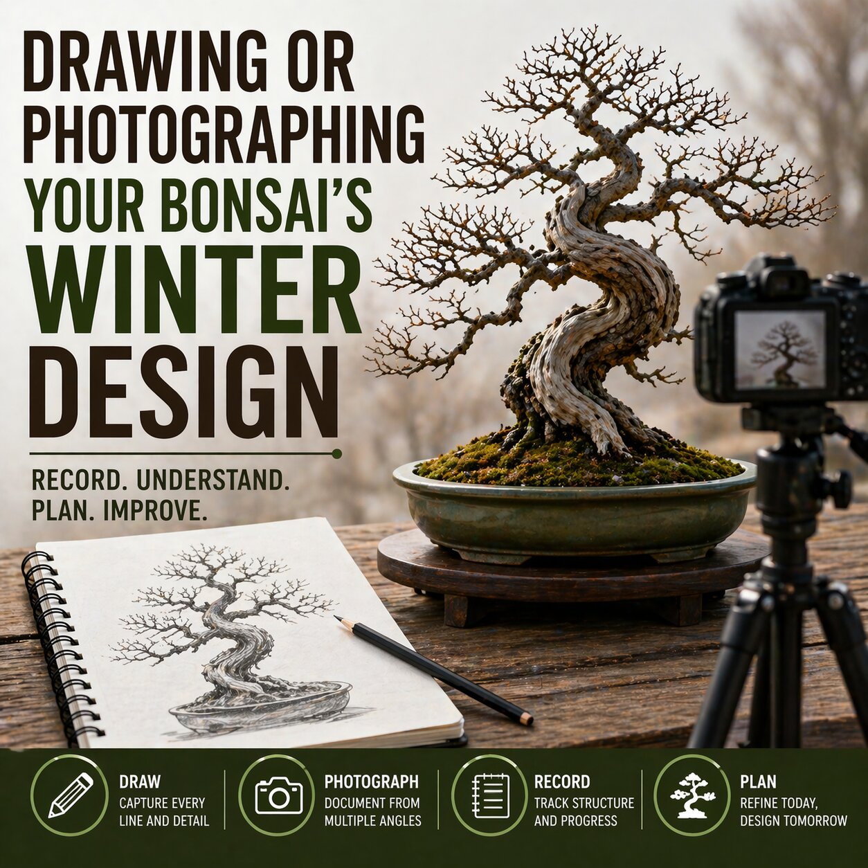 Capture your bonsai’s winter structure with sketches and photos to refine design and track progress.